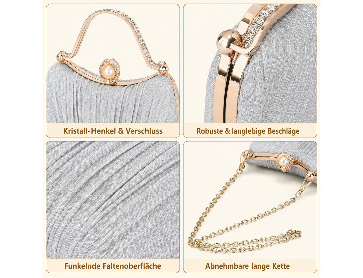 nsihing Abendtasche Damen Abendtasche, Glitzer Clutch mit Abnehmbarer Kette, Elegante Strass Handtasche für Hochzeit, Party & Festliche Anlässe – Bild 3 von 5