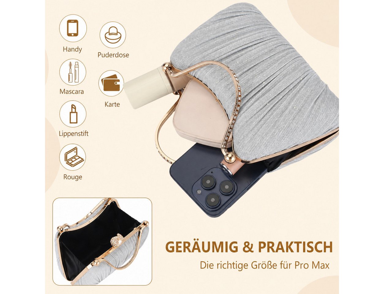 nsihing Abendtasche Damen Abendtasche, Glitzer Clutch mit Abnehmbarer Kette, Elegante Strass Handtasche für Hochzeit, Party & Festliche Anlässe – Bild 4 von 5