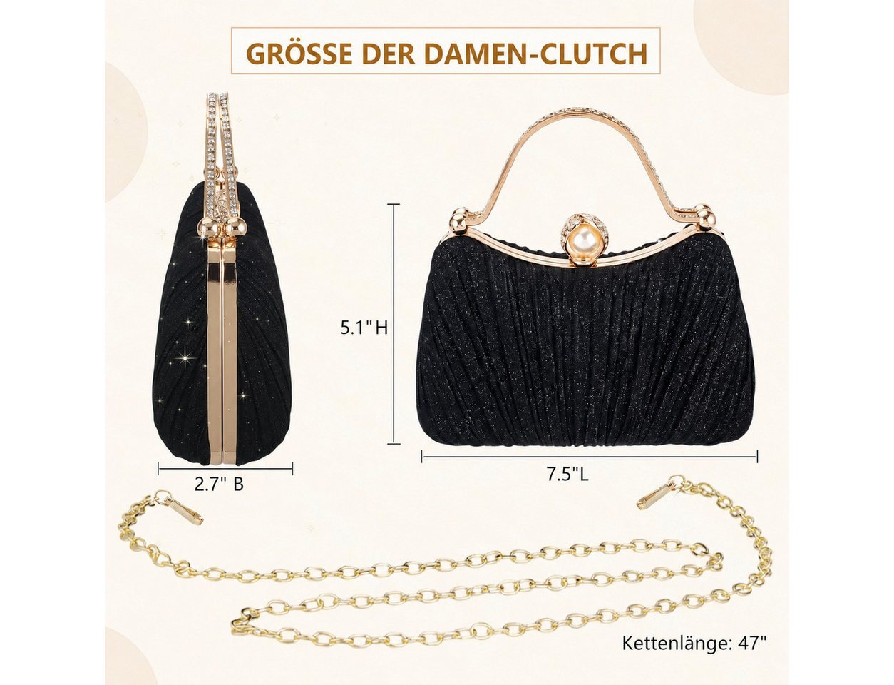 nsihing Abendtasche Damen Abendtasche, Glitzer Clutch mit Abnehmbarer Kette, Elegante Strass Handtasche für Hochzeit, Party & Festliche Anlässe – Bild 2 von 5