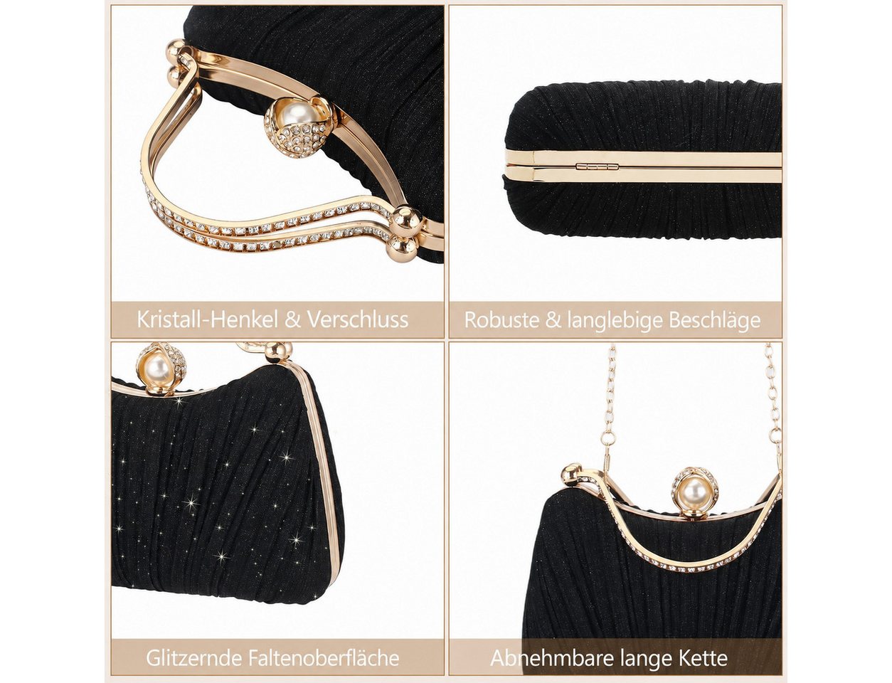 nsihing Abendtasche Damen Abendtasche, Glitzer Clutch mit Abnehmbarer Kette, Elegante Strass Handtasche für Hochzeit, Party & Festliche Anlässe – Bild 3 von 5