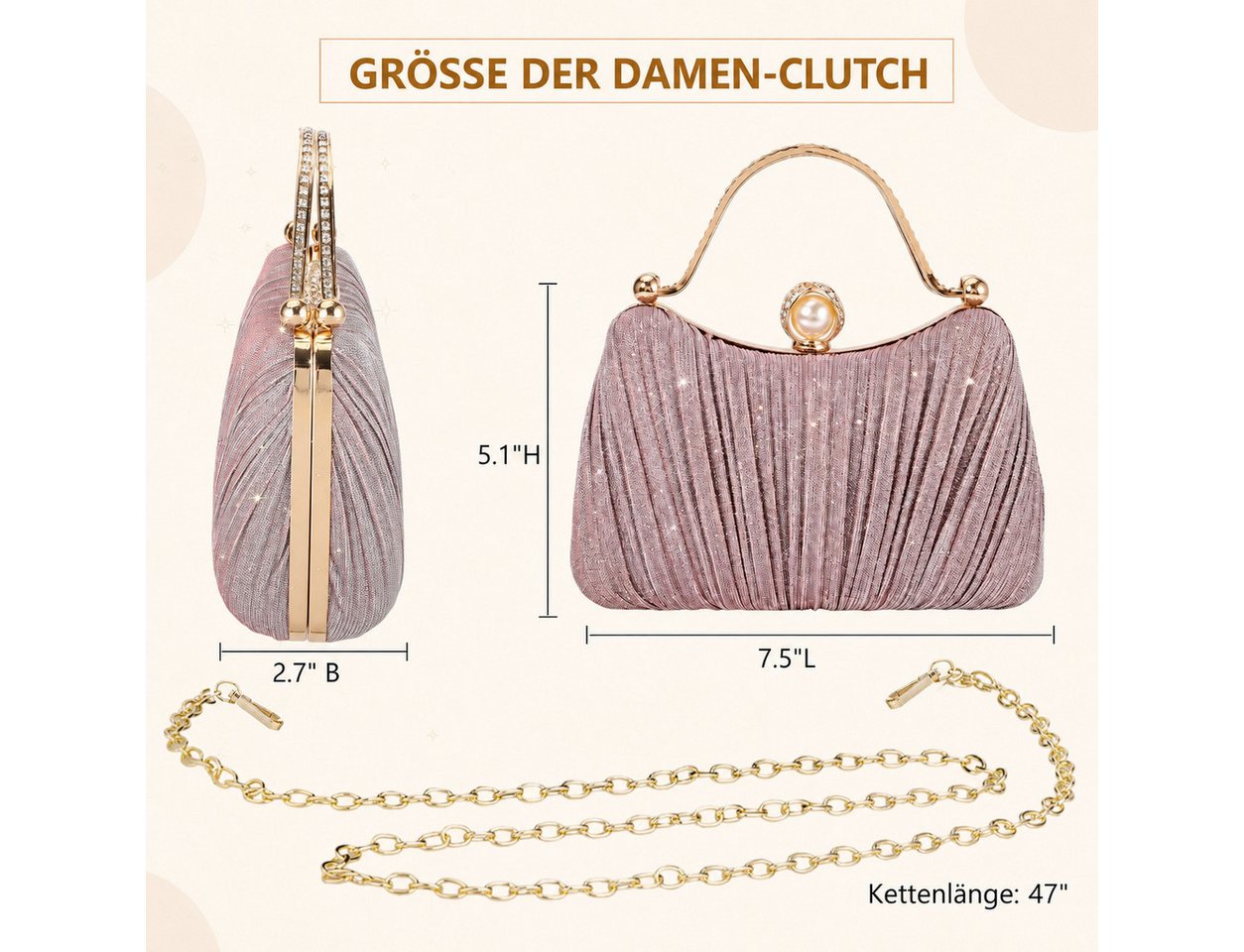 nsihing Abendtasche Damen Abendtasche, Glitzer Clutch mit Abnehmbarer Kette, Elegante Strass Handtasche für Hochzeit, Party & Festliche Anlässe – Bild 2 von 5