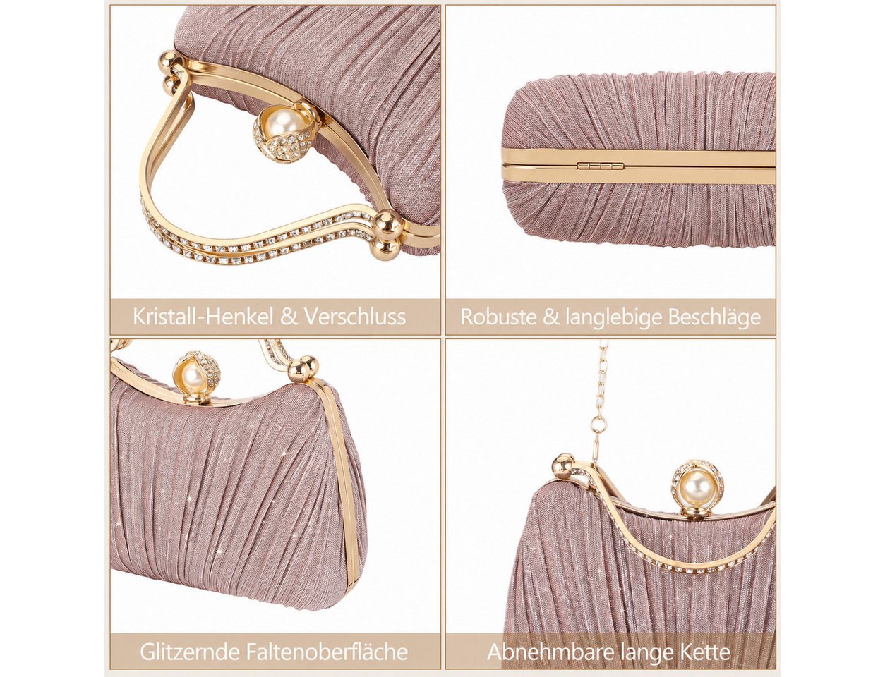nsihing Abendtasche Damen Abendtasche, Glitzer Clutch mit Abnehmbarer Kette, Elegante Strass Handtasche für Hochzeit, Party & Festliche Anlässe – Bild 3 von 5