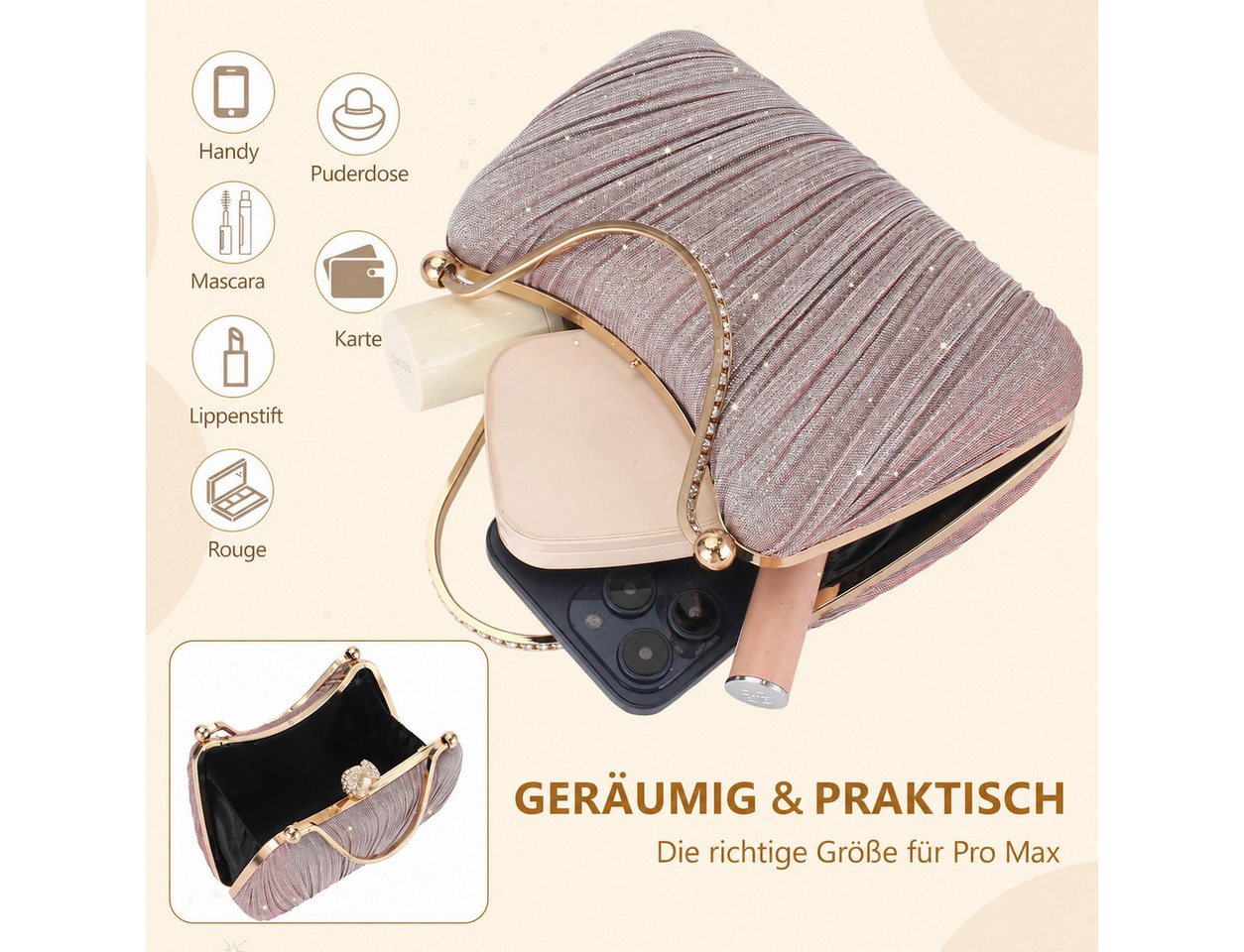 nsihing Abendtasche Damen Abendtasche, Glitzer Clutch mit Abnehmbarer Kette, Elegante Strass Handtasche für Hochzeit, Party & Festliche Anlässe – Bild 4 von 5