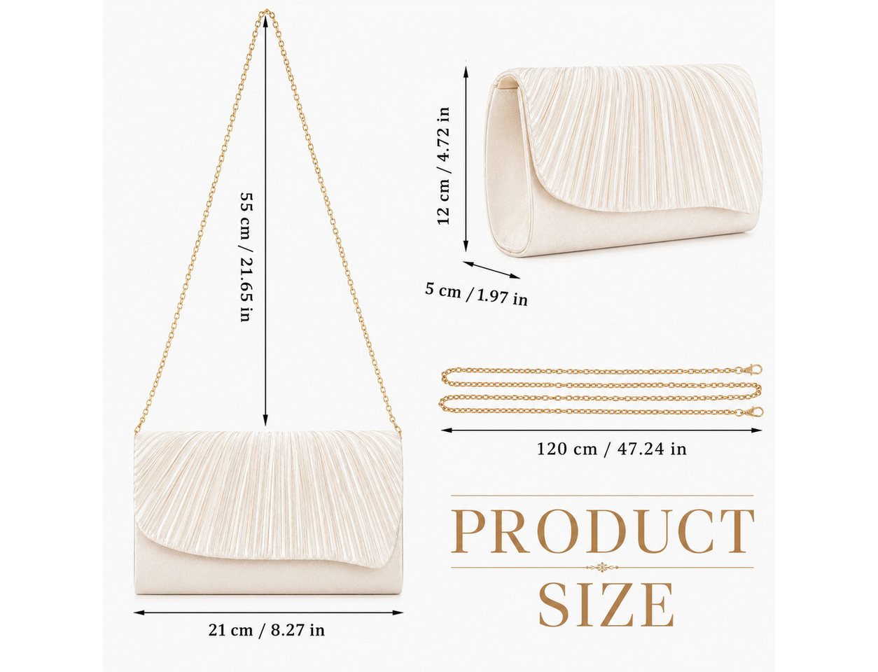 nsihing Abendtasche Damen Clutch, Elegante Abendtasche mit Abnehmbarer Kette, Plissee Design für Hochzeit, Ball & Cocktail Veranstaltungen – Bild 2 von 5