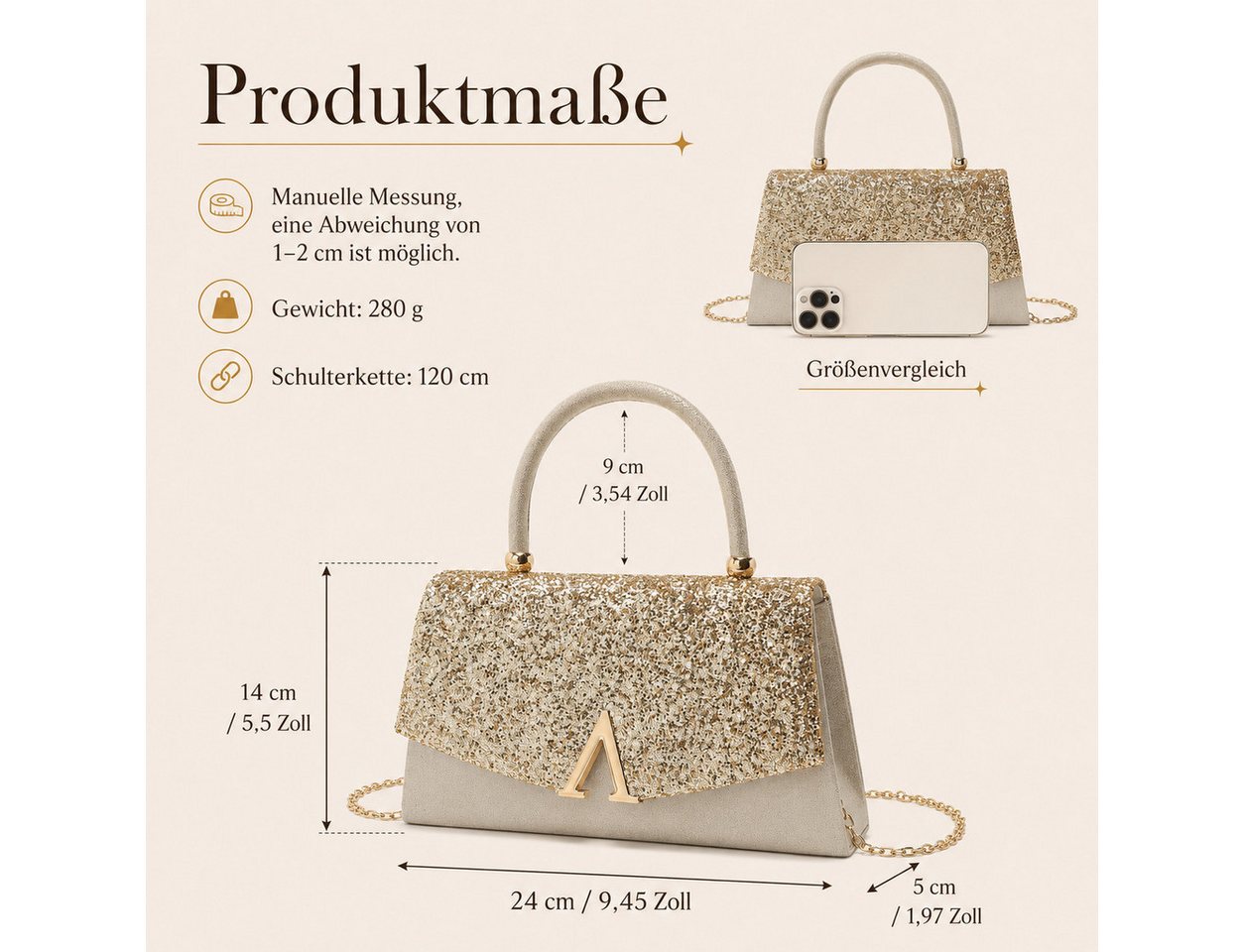 nsihing Clutch Damen Clutch, Glitzer Abendtasche mit Abnehmbarer Kette, Elegante Partytasche für Hochzeit, Ball & Cocktail Veranstaltungen – Bild 2 von 5