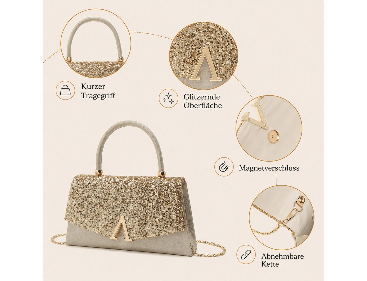 nsihing Clutch Damen Clutch, Glitzer Abendtasche mit Abnehmbarer Kette, Elegante Partytasche für Hochzeit, Ball & Cocktail Veranstaltungen – Bild 3 von 5