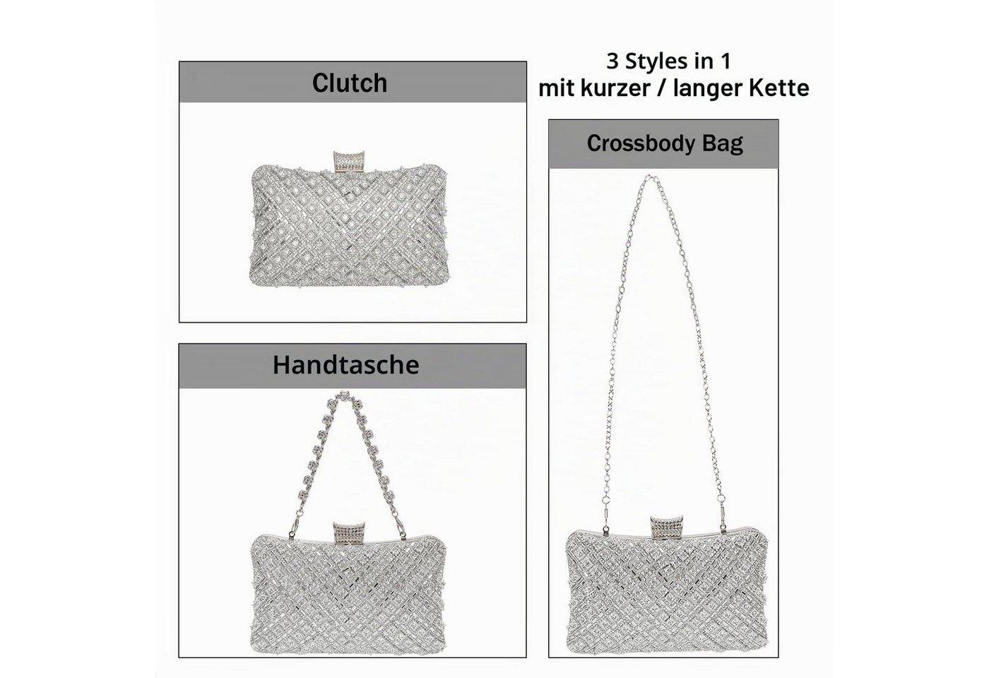 nsihing Clutch Kettentasche, Clutch Damen, Glitzernde Kleine Abendhandtasche, Elegante Tasche Schultertasche für Hochzeit, Party und Ball – Bild 2 von 5