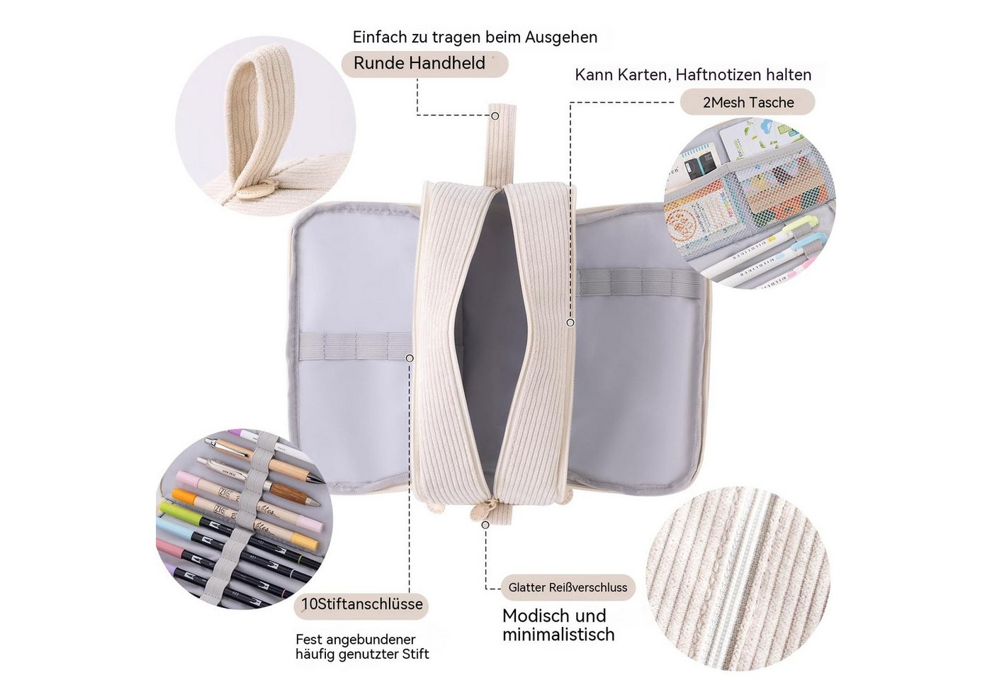 nsihing Federmäppchen Federmäppchen aus Cord-Stoff Federtaschen Mäppchen mit 3 Fächer, Schulmäppchen Große Kapazität Stiftetasche Pencil Case für Schule&Büro – Bild 4 von 5
