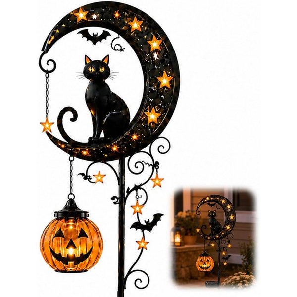 nsihing Gartenleuchte Solar Halloween-Schwarze Katze & Kürbis-Mond Gartensteckleuchte