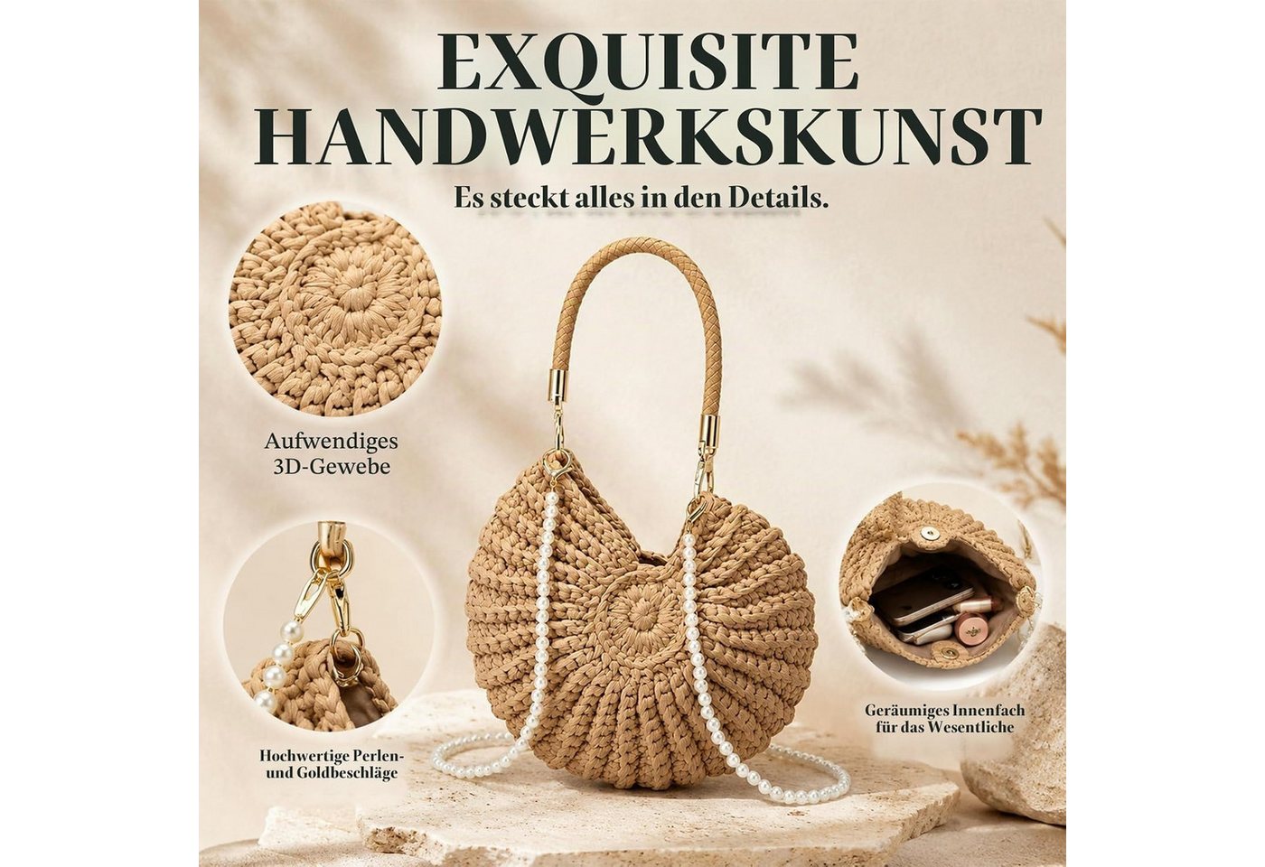 nsihing Handtasche Strohtasche Damen Korbtasche, Handtasche Damen für Strand Urlaub – Bild 4 von 5