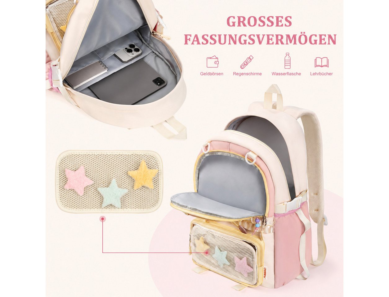 nsihing Kinderrucksack Kawaii Rucksack Mädchen mit Transparentem Fach & Stern Anhänger, Ästhetischer Rucksack für Mädchen, Schule, Alltag & Freizeit – Bild 4 von 4