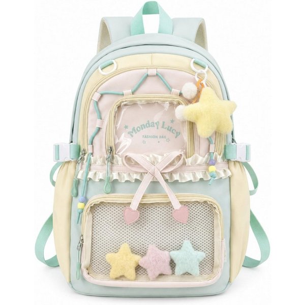 nsihing Kinderrucksack Kawaii Rucksack Mädchen mit Transparentem Fach & Stern Anhänger, Ästhetischer Rucksack für Mädchen, Schule, Alltag & Freizeit