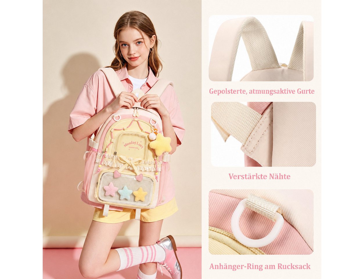 nsihing Kinderrucksack Kawaii Rucksack Mädchen mit Transparentem Fach & Stern Anhänger, Ästhetischer Rucksack für Mädchen, Schule, Alltag & Freizeit – Bild 3 von 4