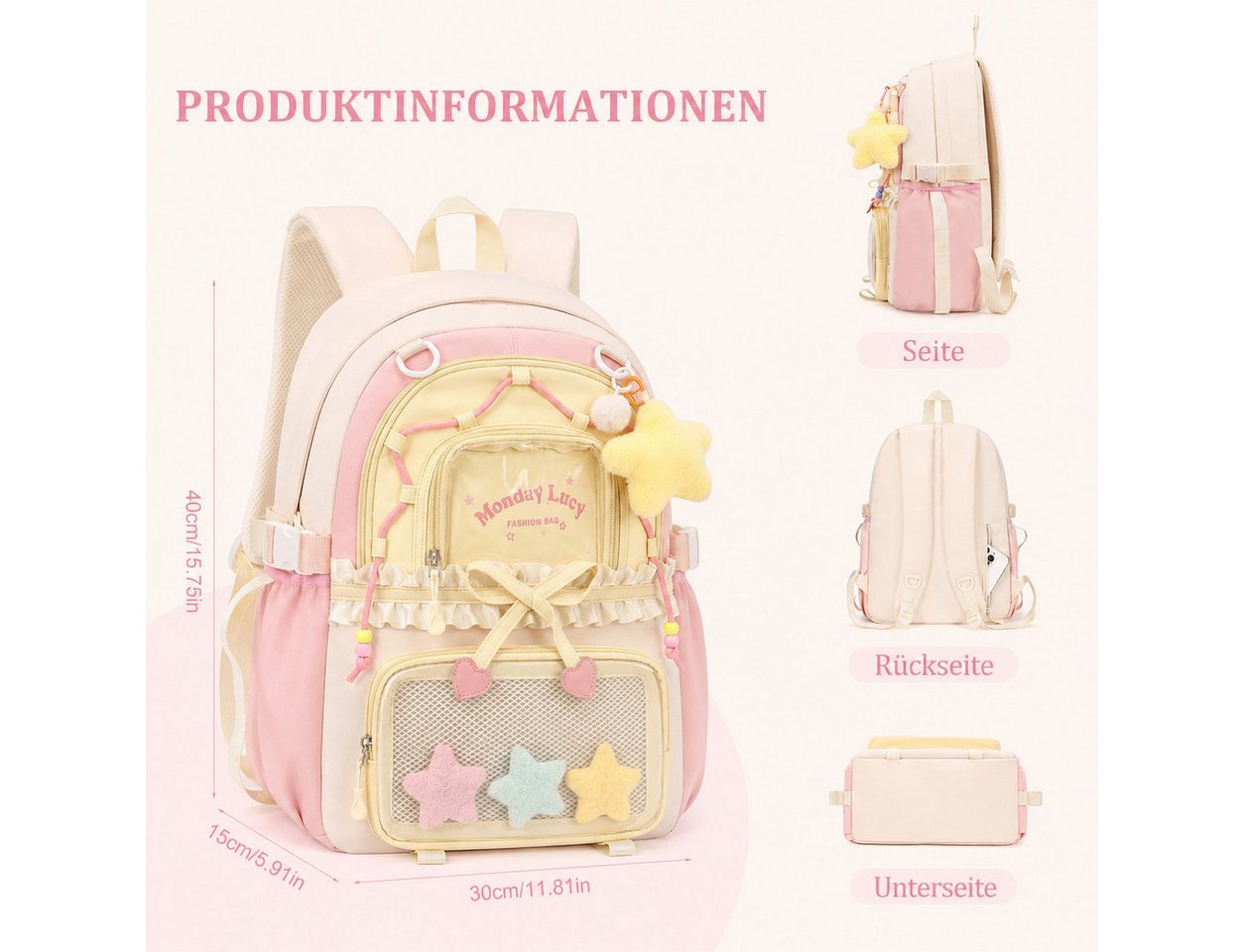 nsihing Kinderrucksack Kawaii Rucksack Mädchen mit Transparentem Fach & Stern Anhänger, Ästhetischer Rucksack für Mädchen, Schule, Alltag & Freizeit – Bild 2 von 4
