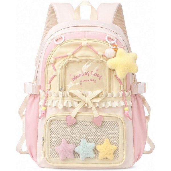 nsihing Kinderrucksack Kawaii Rucksack Mädchen mit Transparentem Fach & Stern Anhänger, Ästhetischer Rucksack für Mädchen, Schule, Alltag & Freizeit