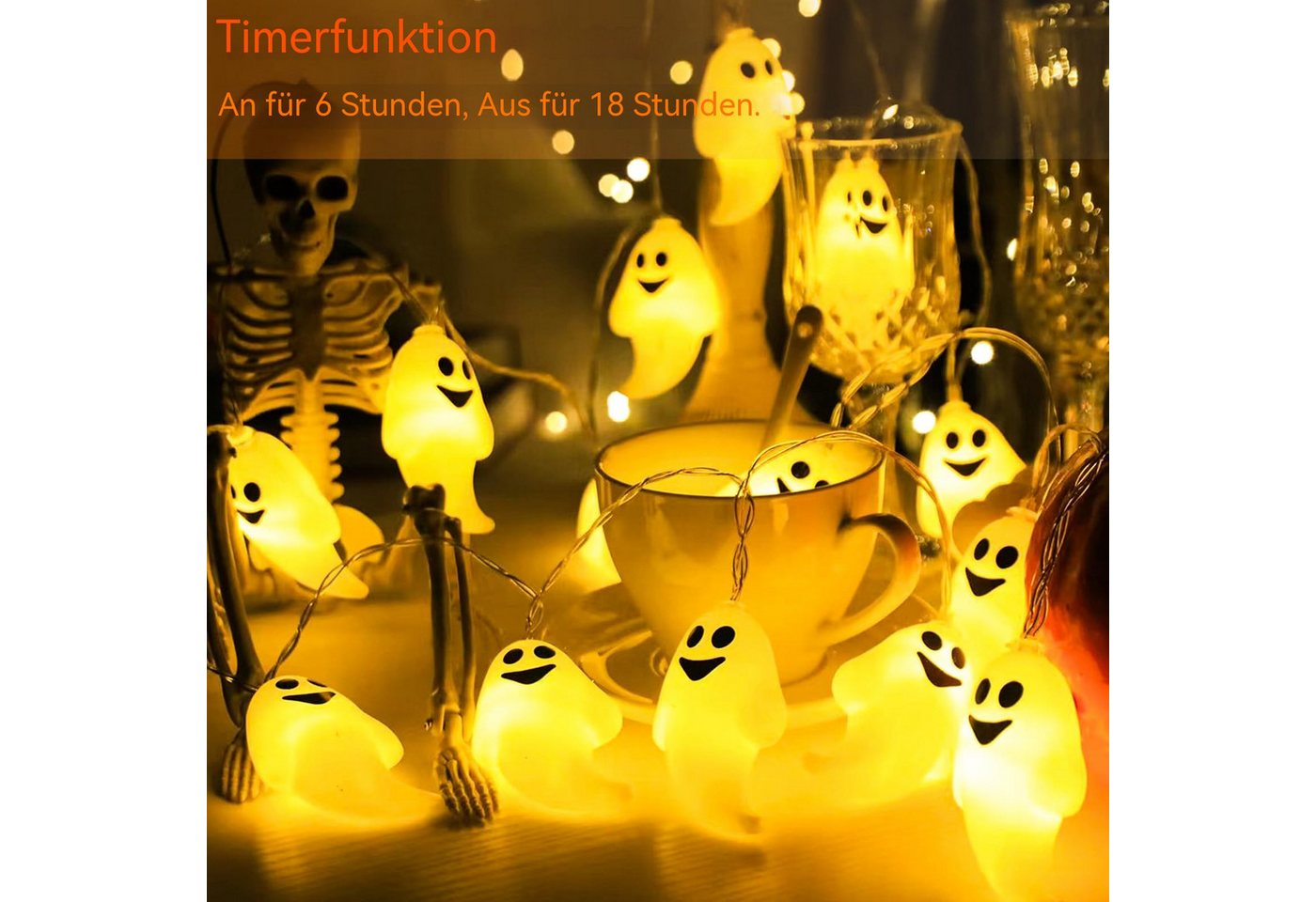 nsihing LED-Lichterkette Halloween Lichterkette, 3m 20 LED Gespenst Lichterkette mit Timer, Lichterketten für Erntedankfest, Halloween Deko – Bild 4 von 5
