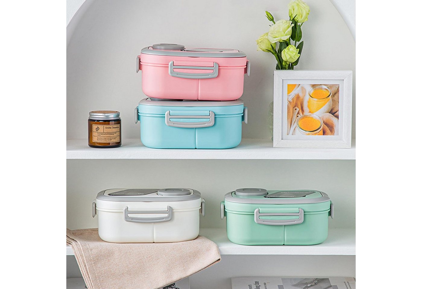 nsihing Lunchbox Große Bento Box mit 2 Fächern und Besteck, (Brotdose Lunchbox Erwachsene und Büro 1200ml, Auslaufsichere), für Schule Arbeit Männer Frauen und  – Bild 4 von 5