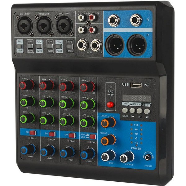 nsihing Mischpult Mini-Audio-DJ-Mixer, Soundboard-Konsolensystem, 5-Kanal, 48 V, Phantomspeisung mit Bluetooth, USB, MP3, Stereo, Live-DJ-Studio