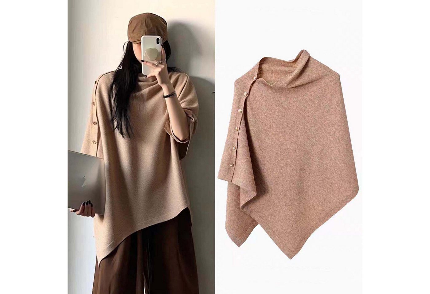 nsihing Poncho Einfarbiger Damen-Umhang, mit goldenen Knöpfen,Winter – Bild 3 von 4