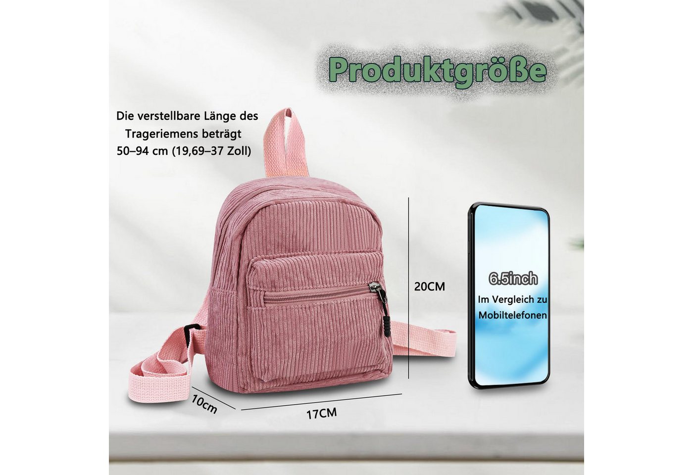 nsihing Rucksack Cord Rucksack Damen Klein, Süß Mini Rucksack Damen, Leicht, mit 2 Reißverschlusstaschen, Verstellbarem Gurt für Reisen – Bild 2 von 5