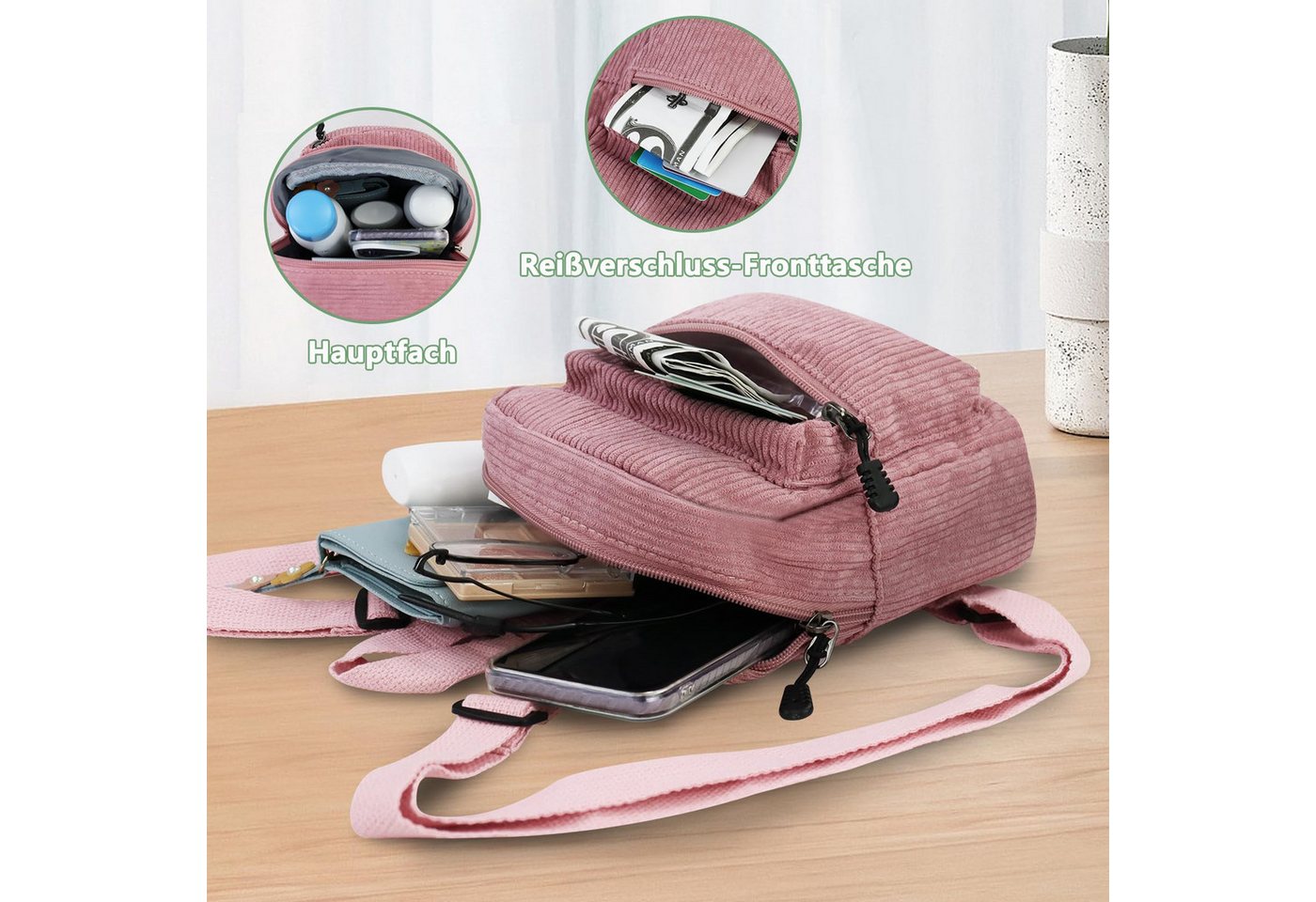 nsihing Rucksack Cord Rucksack Damen Klein, Süß Mini Rucksack Damen, Leicht, mit 2 Reißverschlusstaschen, Verstellbarem Gurt für Reisen – Bild 4 von 5