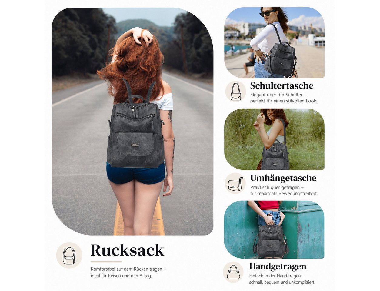 nsihing Rucksack Rucksack Tasche aus Kunstleder, Multifunktionale Schultertasche, Kompakt & Wasserabweisend, als Rucksack oder Schultertasche tragbar – Bild 5 von 5
