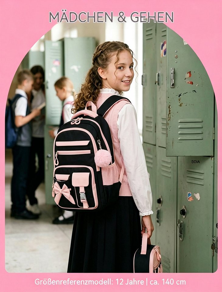nsihing Schulrucksack Schülerrucksack/Kinderrucksack Mädchen 3 Teilig 3. - 7. Klassensihing (3-tlg), mit Lunchtasche Federmappe für Schule Reisen, 24L – Bild 2 von 5