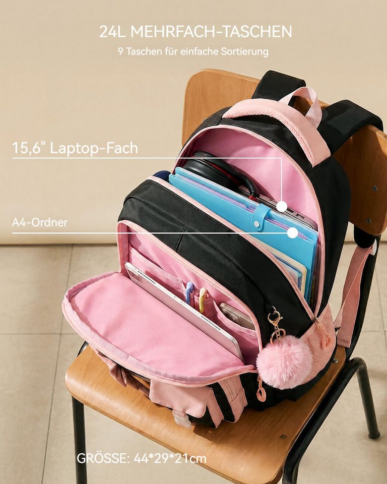 nsihing Schulrucksack Schülerrucksack/Kinderrucksack Mädchen 3 Teilig 3. - 7. Klassensihing (3-tlg), mit Lunchtasche Federmappe für Schule Reisen, 24L – Bild 3 von 5