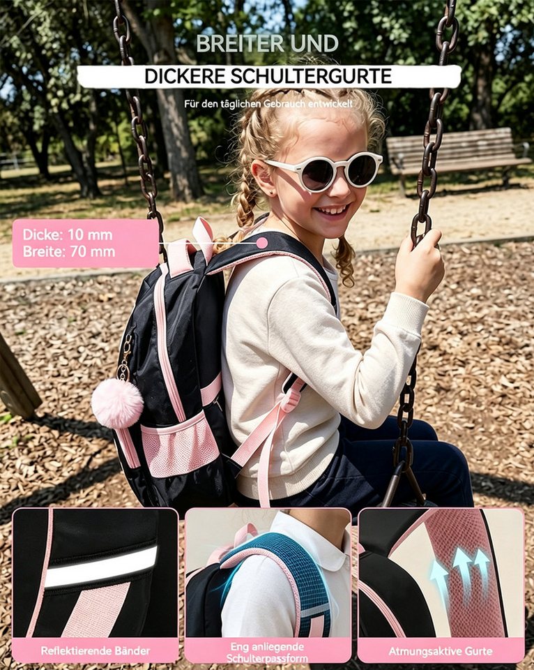nsihing Schulrucksack Schülerrucksack/Kinderrucksack Mädchen 3 Teilig 3. - 7. Klassensihing (3-tlg), mit Lunchtasche Federmappe für Schule Reisen, 24L – Bild 5 von 5