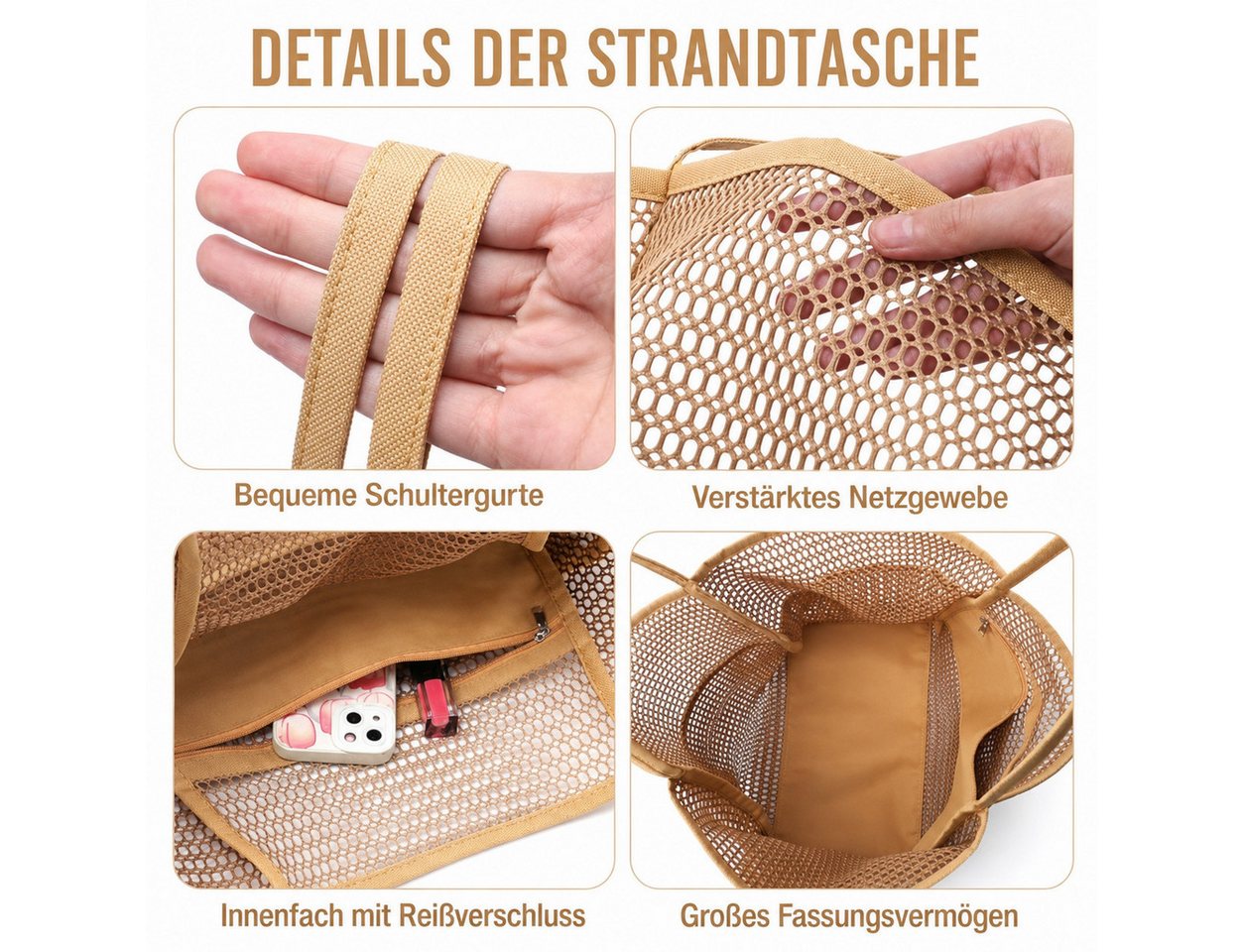 nsihing Strandtasche Strandtasche Damen Mesh, Große Faltbare Beach Tote mit Mini Fach, Leicht, Sandfest für Pool, Urlaub, Reise & Kreuzfahrt – Bild 5 von 5