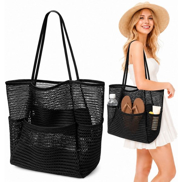 nsihing Strandtasche Strandtasche Damen Mesh, Große Faltbare Beach Tote mit Mini Fach, Leicht, Sandfest für Pool, Urlaub, Reise & Kreuzfahrt