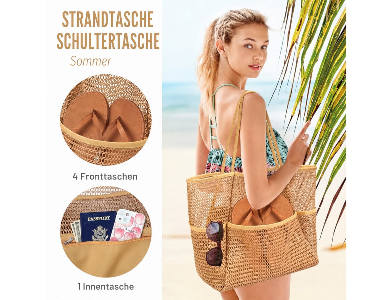 nsihing Strandtasche Strandtasche Damen Mesh, Große Faltbare Beach Tote mit Mini Fach, Leicht, Sandfest für Pool, Urlaub, Reise & Kreuzfahrt – Bild 4 von 5