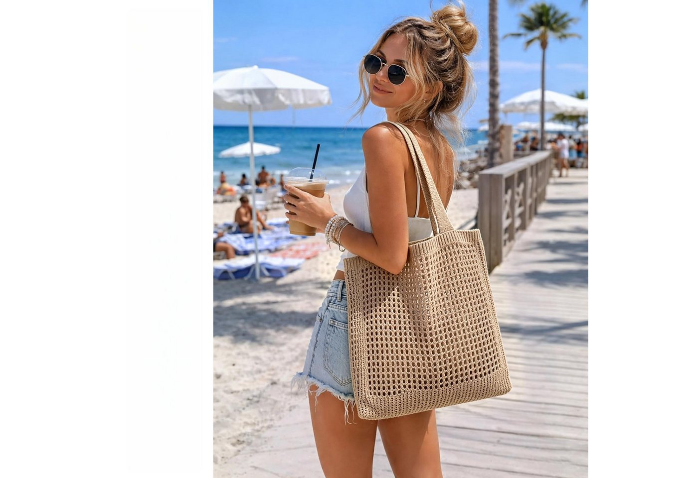 nsihing Strandtasche Damen Sommer Boho, Gestrickte Tasche Beach Bag Netz Strandbeutel (Häkeltasche Mesh Gehäkelt Handtasche, Tote Bag), Netztasche Umhängetasche – Bild 3 von 5