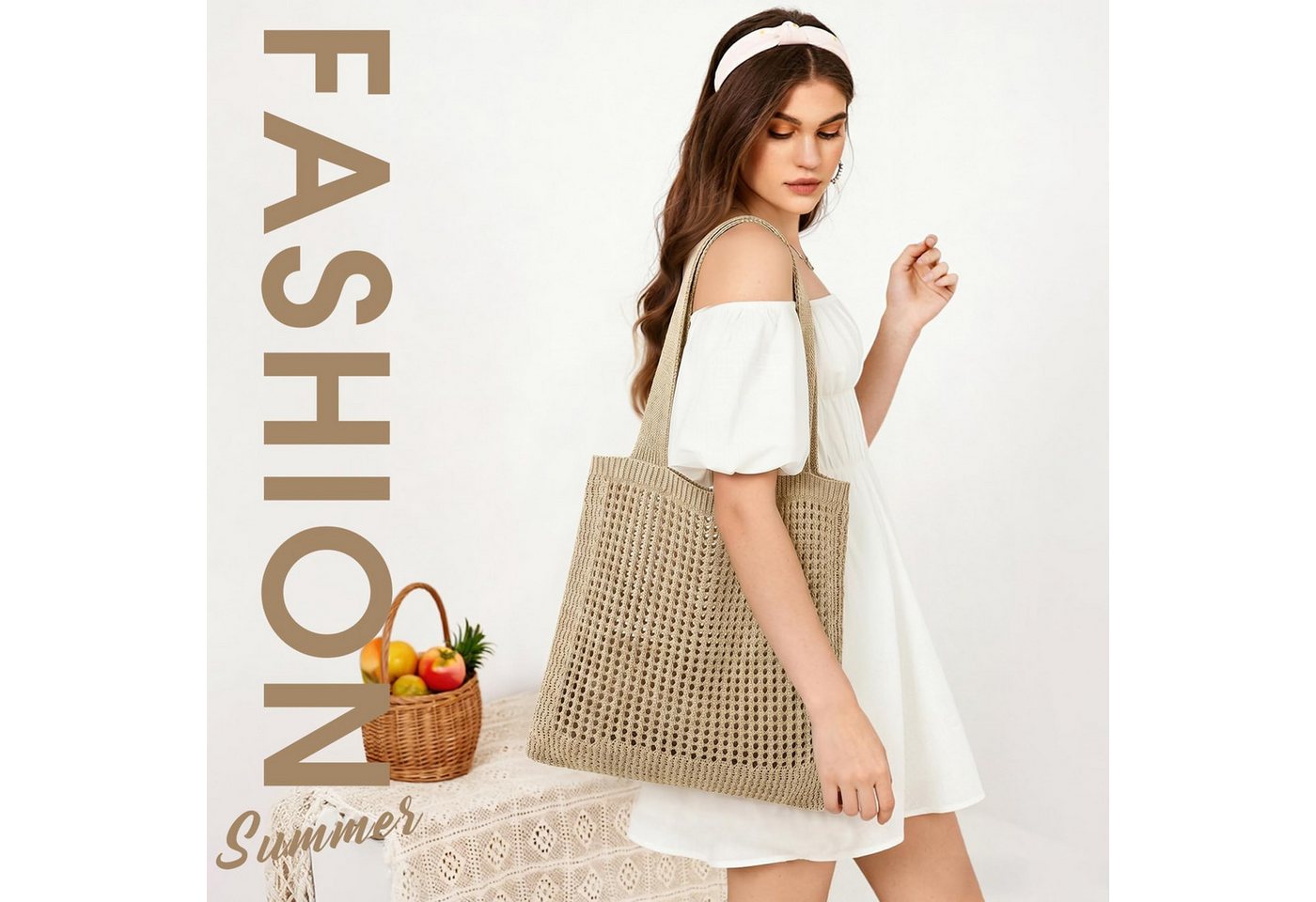 nsihing Strandtasche Damen Sommer Boho, Gestrickte Tasche Beach Bag Netz Strandbeutel (Häkeltasche Mesh Gehäkelt Handtasche, Tote Bag), Netztasche Umhängetasche – Bild 4 von 5