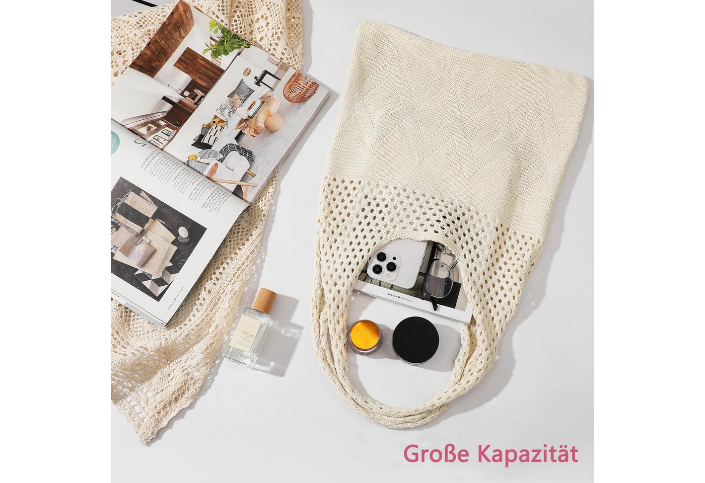 nsihing Strandtasche Damen Sommer Boho, Gestrickte Tasche Beach Bag Netz Strandbeutel, Häkeltasche Mesh Gehäkelt Handtasche, Umhängetasche – Bild 5 von 5