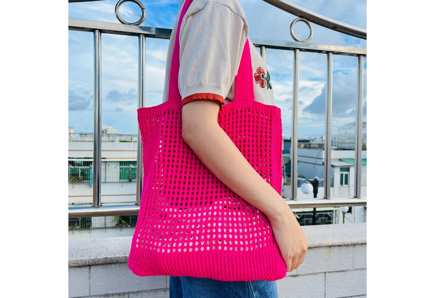 nsihing Strandtasche Damen Sommer Boho, Gestrickte Tasche Beach Bag Netz Strandbeutel (Häkeltasche Mesh Gehäkelt Handtasche, Tote Bag), Netztasche Umhängetasche – Bild 2 von 5