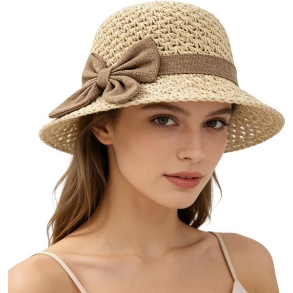 nsihing Strohhut Sonnenhut Sommerhut Strandhut Straw hat, Damen faltbar, Einheitgröße Mit Bogen,Damen-Strandhut, Reisehut für den Sommerurlaub