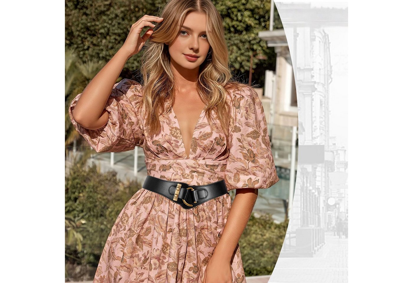 nsihing Taillengürtel Damen Breiter Elastischer Taillengürtel Vintage Stretchy Kleid Gürtel Hüftgürtel mit Gold Schnalle – Bild 2 von 5