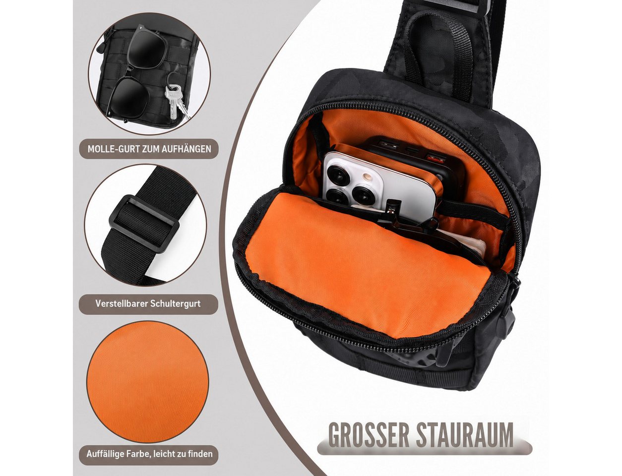nsihing Umhängetasche Herren Umhängetasche, Taktische Brusttasche mit Kompaktem Design, Wasserabweisend für Reise, Arbeit, Sport & Alltag – Bild 2 von 5