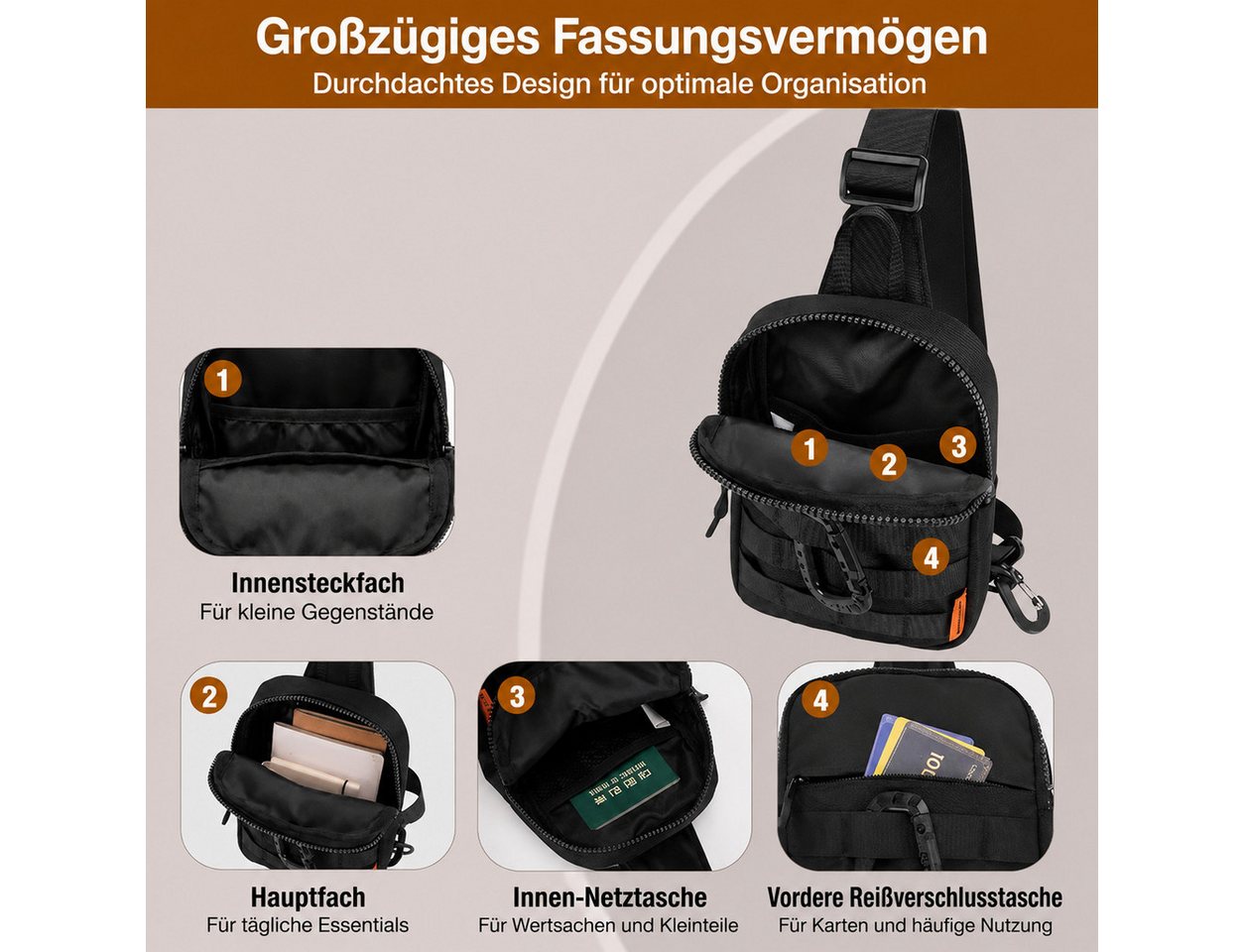 nsihing Umhängetasche Herren Umhängetasche, Taktische Brusttasche mit Kompaktem Design, Wasserabweisend für Reise, Arbeit, Sport & Alltag – Bild 3 von 5