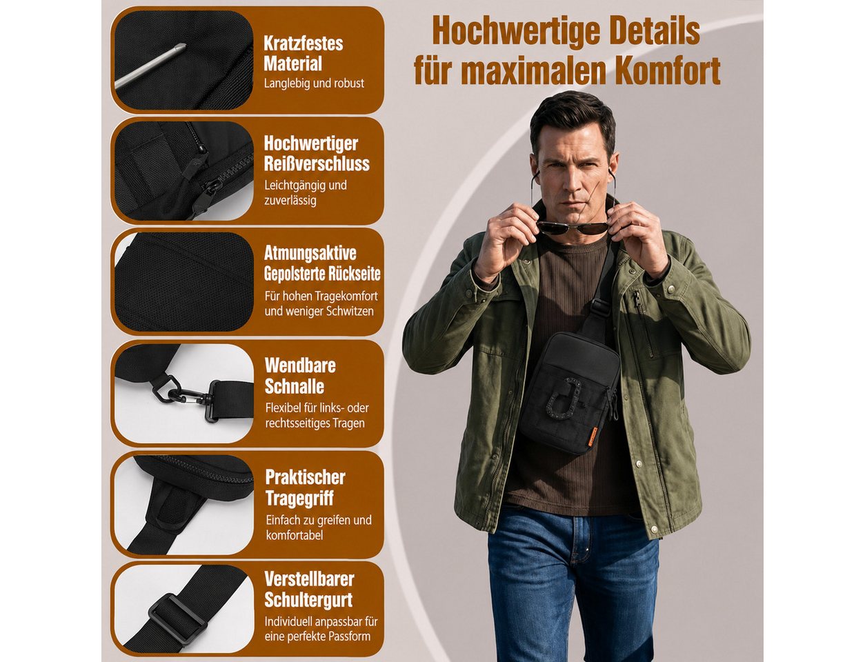 nsihing Umhängetasche Herren Umhängetasche, Taktische Brusttasche mit Kompaktem Design, Wasserabweisend für Reise, Arbeit, Sport & Alltag – Bild 5 von 5