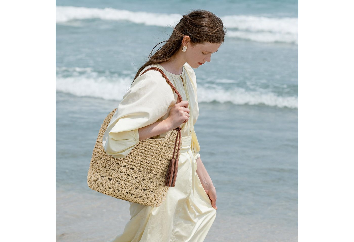 nsihing Umhängetasche Schultertasche,Strandtasche, Tragetasche, Korbtasche, Minibag, Henkeltasche, Bast-Optik, Sommertasche, Crossbody Bag – Bild 5 von 5
