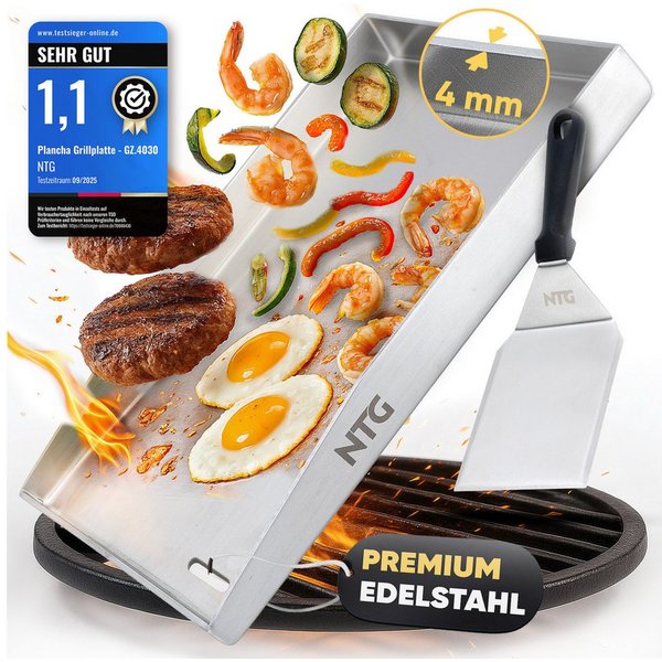 NTG Nutzfahrzeug Technik GmbH Grillplattenaufsatz Plancha Grillplatte Edelstahl 40×30cm Spachtel I Rostfrei+formstabil, Edelstahl