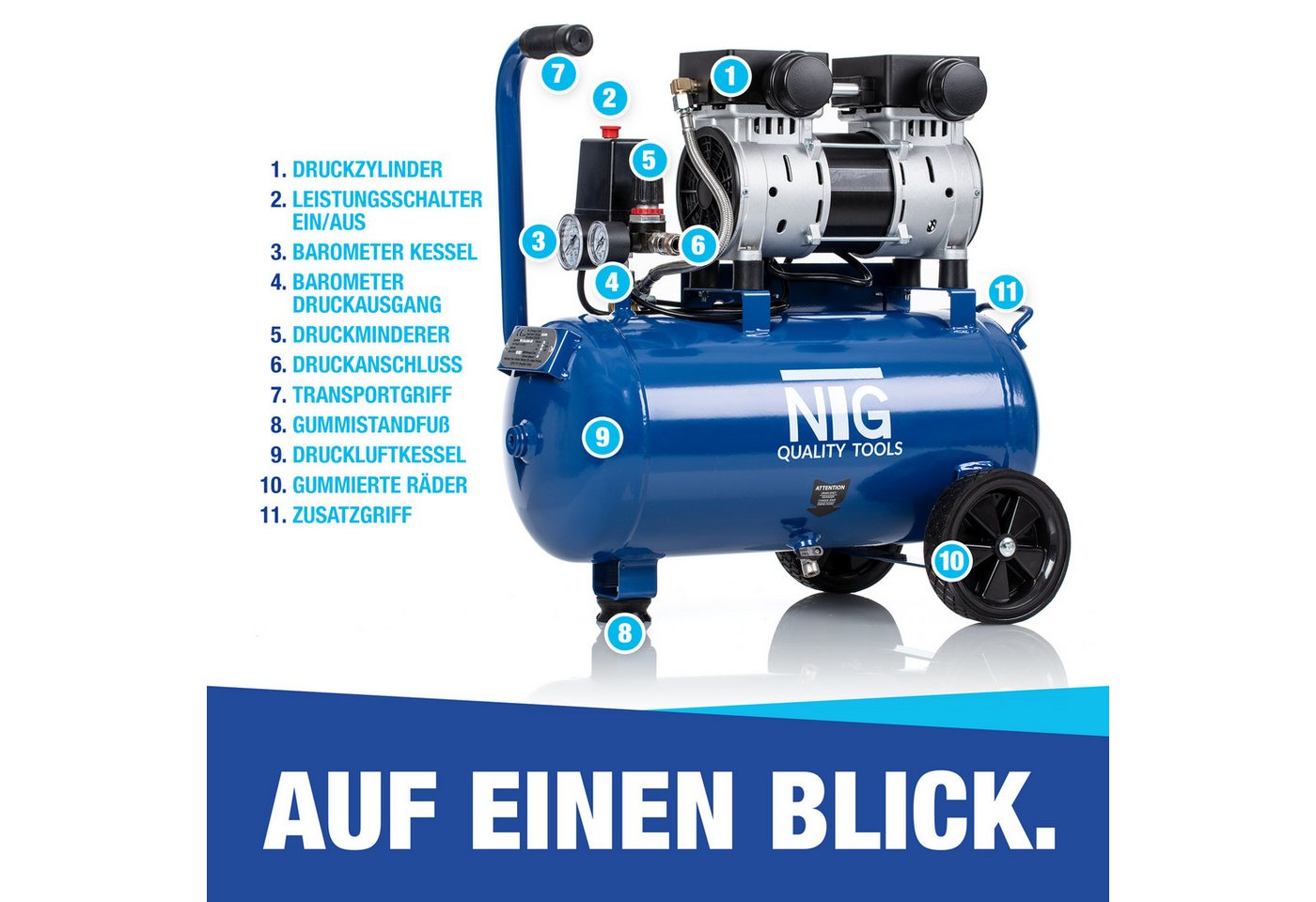 NTG Nutzfahrzeug Technik GmbH Kompressor NTG Silent Kompressor 9 Bar, 1470W Starke Leistung, Ölfrei, max. 9 bar, 24 l, 1-tlg., besonders leise und flexibel eins – Bild 5 von 5