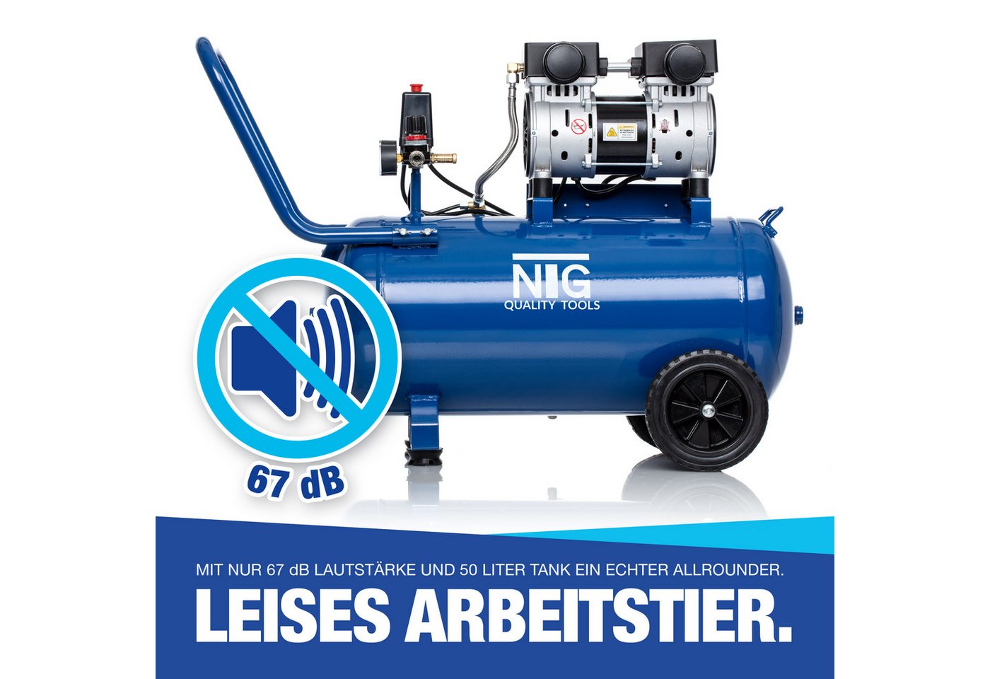 NTG Nutzfahrzeug Technik GmbH Kompressor NTG Silent Kompressor 9 Bar 50 L Tank 1470W Starke Leistung Ölfrei, max. 9 bar, 50 l, 2 PS, 9 Bar, Ablass Ventil, Super – Bild 2 von 5