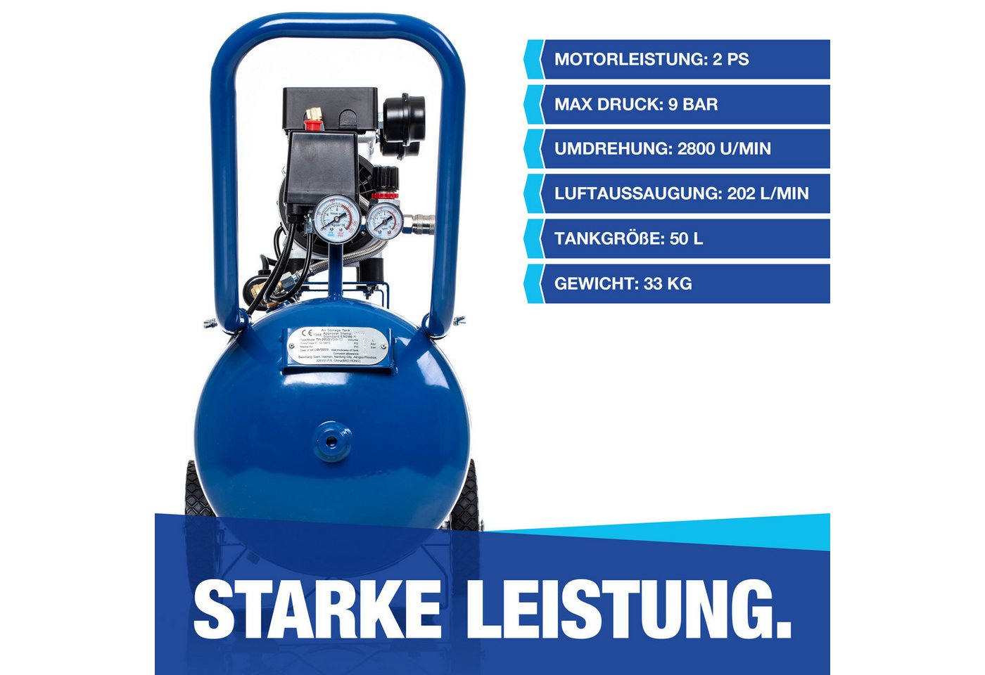NTG Nutzfahrzeug Technik GmbH Kompressor NTG Silent Kompressor 9 Bar 50 L Tank 1470W Starke Leistung Ölfrei, max. 9 bar, 50 l, 2 PS, 9 Bar, Ablass Ventil, Super – Bild 4 von 5
