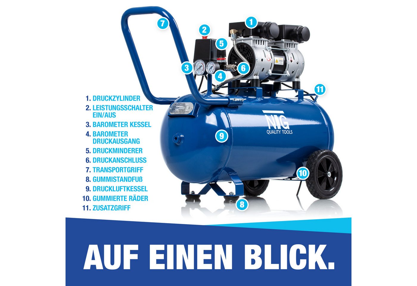 NTG Nutzfahrzeug Technik GmbH Kompressor NTG Silent Kompressor 9 Bar 50 L Tank 1470W Starke Leistung Ölfrei, max. 9 bar, 50 l, 2 PS, 9 Bar, Ablass Ventil, Super – Bild 5 von 5