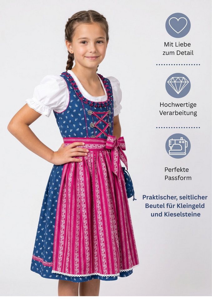 Nübler Dirndl Kinderdirndl Demi in Dunkelblau, 3-teiliges Set - Rocklänge knielang (Dirndl Set DEMI, Dirndl Kleid mit Bluse und Schürze) Kinder Tracht im bayeri – Bild 3 von 5