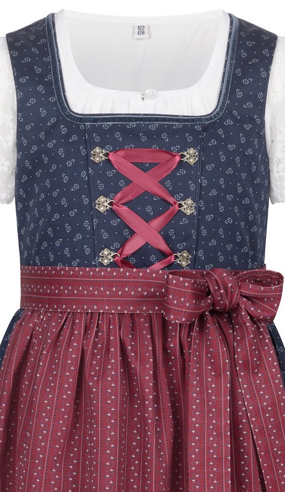 Nübler Dirndl Kinderdirndl Gesr in Blau Rot, 3-teiliges Set - Rocklänge knielang – Bild 3 von 5