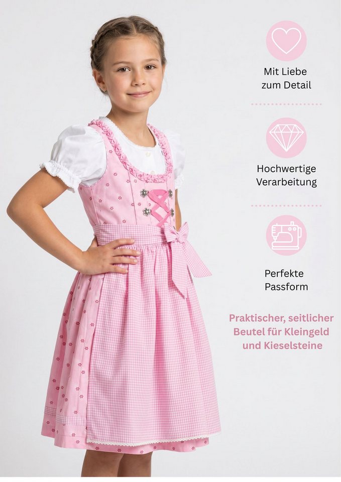 Nübler Dirndl Kinderdirndl Linda in Rosa, 3-teiliges Set - Rocklänge knielang (Dirndl Set LINDA, Dirndl Kleid mit Bluse und Schürze) Kinder Tracht im bayerische – Bild 3 von 5